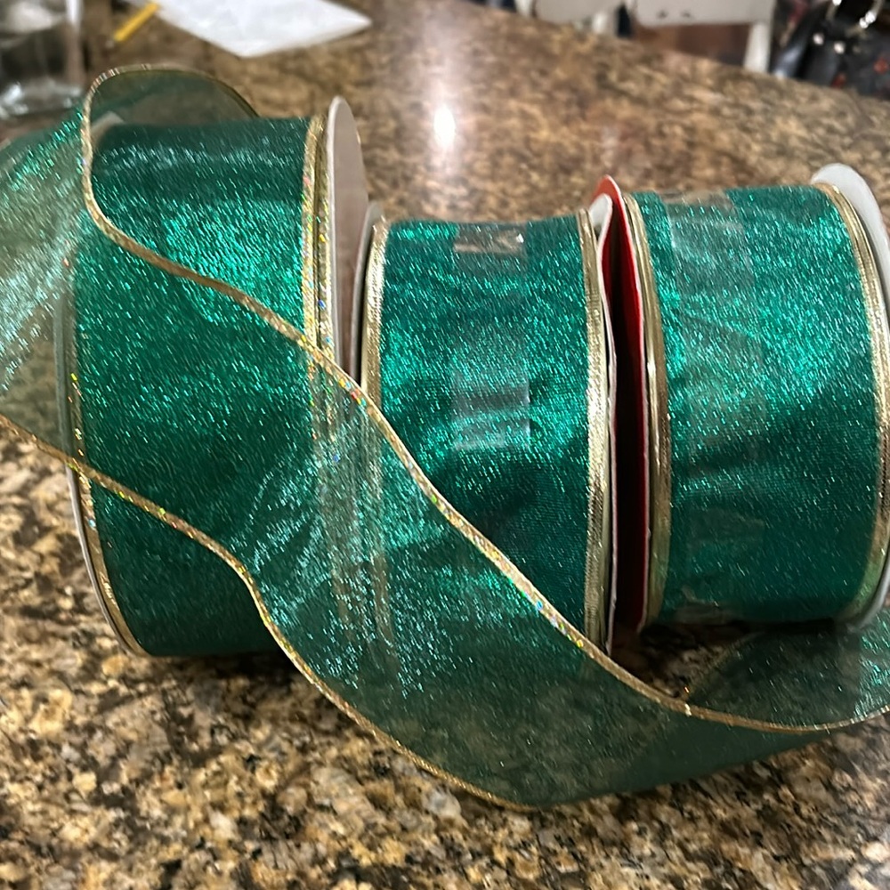 Holiday Ribbon - Emerald Green sparkle ribbon with gold wire edging